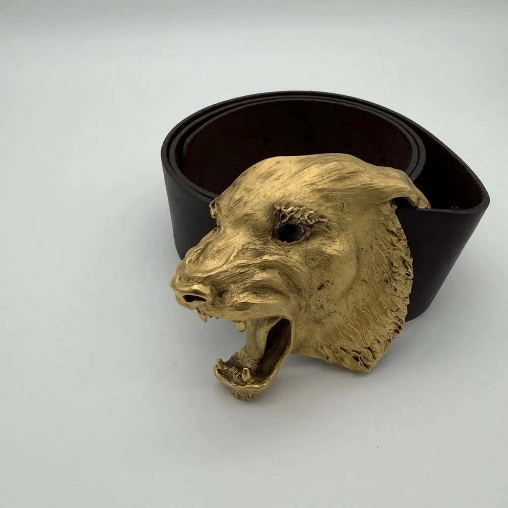 Vtg Christopher Ross Belt Buckle Snarling Angry Dog Wolf 1976 Gold Plate Metal